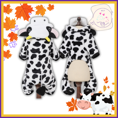 Soft cow costume for small dogs, featuring black and white spots, suitable for themed parties and Halloween