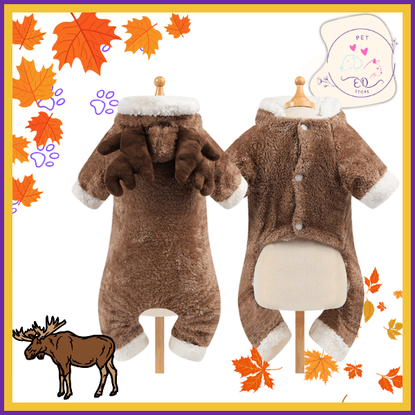 Brown moose dog costume with antlers and white trim, autumn leaves, cute pet outfit