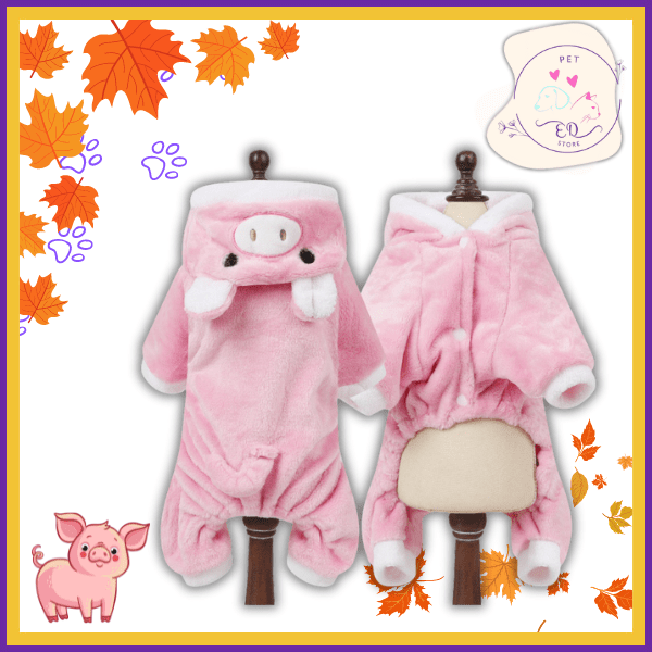 Pink piggy plush dog onesie with hood on mannequin, autumn leaves, pet clothing