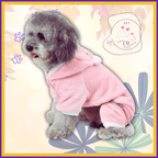 Cute dog in soft pink fleece onesie, pet clothing by PET EQ Store, pastel design background