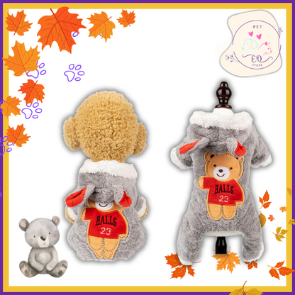 Sporty teddy bear costume for dogs with basketball jersey, cute for sports-themed events.