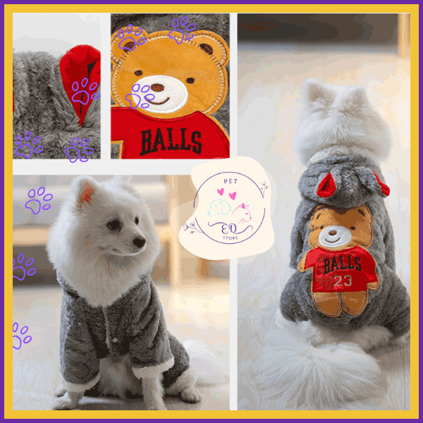 White dog wearing a gray teddy bear pet hoodie with red ear details and cartoon bear patch.