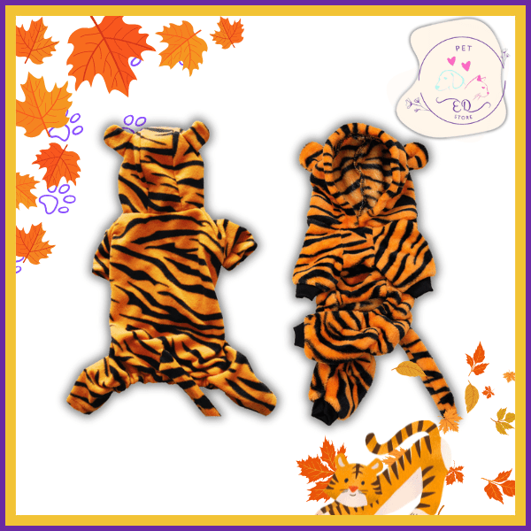 Plush tiger striped pet costume onesie with hood, tail, and fall leaf border
