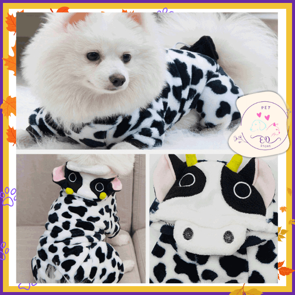 Fluffy dog wearing cow print pet costume with cute ears and horns, shown from multiple angles.