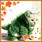 White cat in green dinosaur costume, autumn leaves, Pet EQ Store logo, cute pet outfit