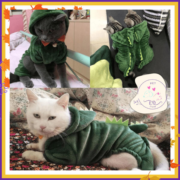 Cats in green dinosaur costume hoodies on beds and floor, cute pet apparel for cats