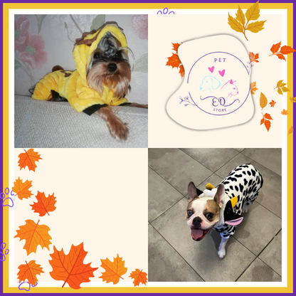 Happy dog ​​wearing a cow costume and another lion dog ready for Halloween and KnuffelWarm themed events.