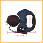 Retractable dog leash with black handle, bone-shaped holder, and labeled measurements in cm.