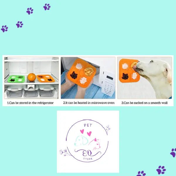 Lick mats for dogs shown in fridge, microwave, and on wall for versatile pet treat storage