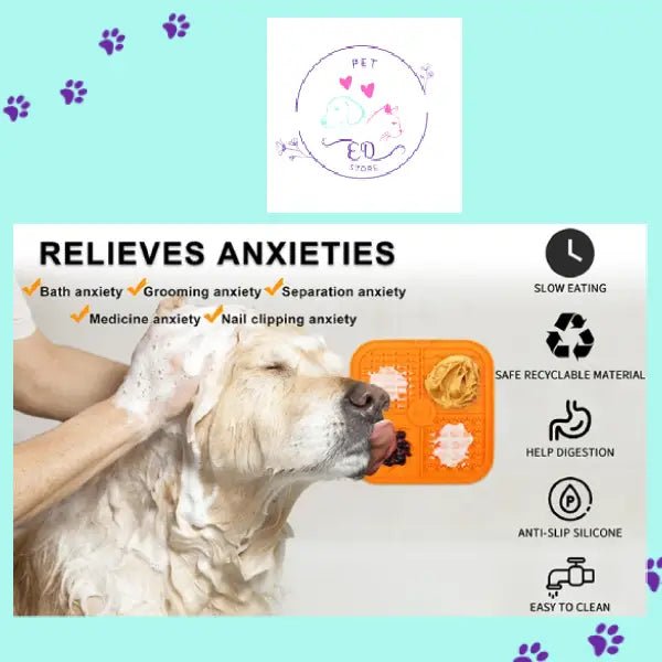 Golden retriever using orange lick mat for anxiety relief during bath, pet care product benefits shown.