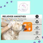 Golden retriever using orange lick mat for anxiety relief during bath, pet care product benefits shown.