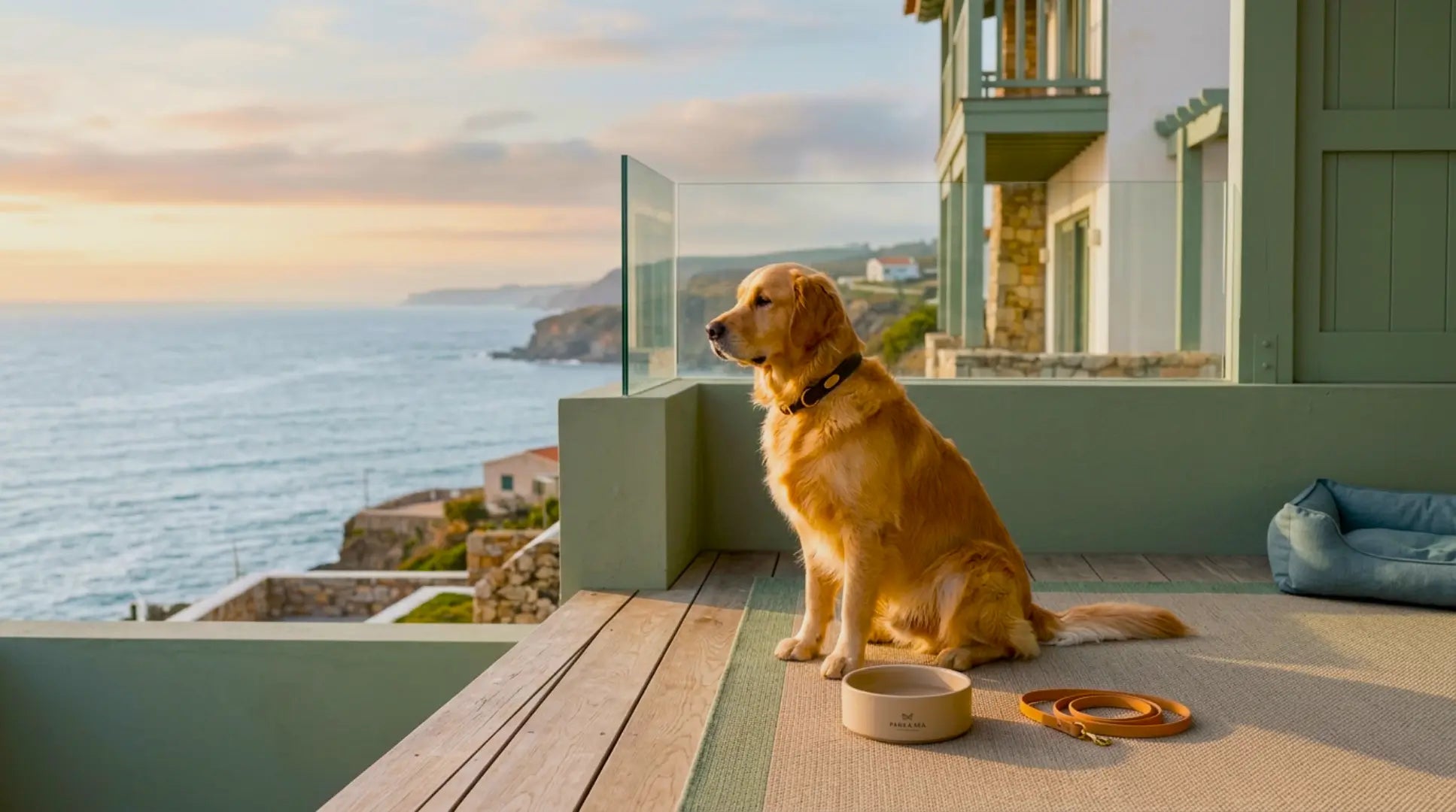 Golden Retriever relaxing on a coastal luxury setting surrounded by premium dog accessories and lifestyle products