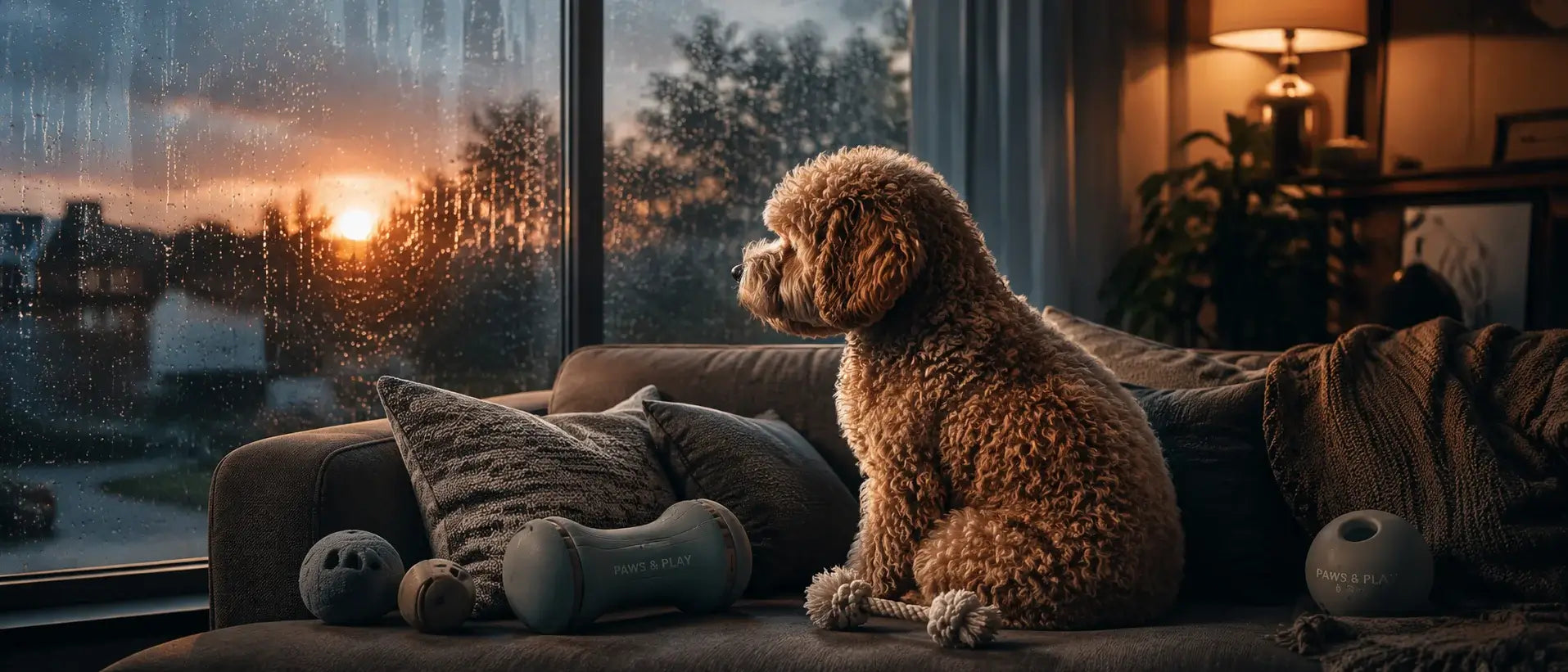 Golden doodle with separation anxiety toys by Paws & Play, rope toy, chew bone and ball on couch during rainy day