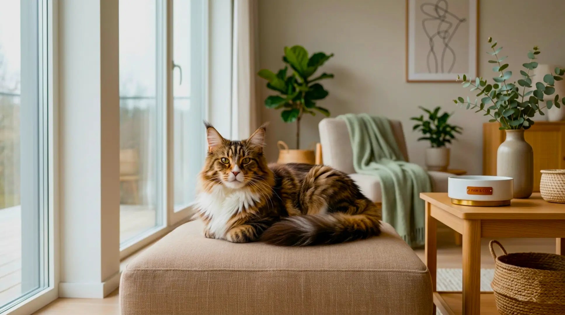 Majestic Maine Coon cat in luxurious Scandinavian interior with premium pet accessories, cinematic lifestyle photography