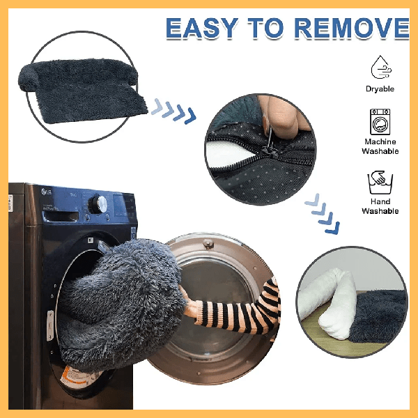 Machine washable dog bed with removable cover, zipper close-up, fluffy insert, washing machine.