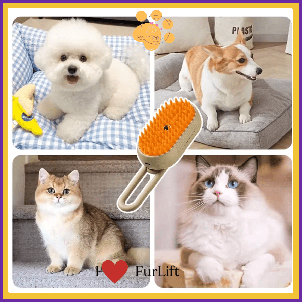 Pet grooming brush with fluffy dogs and cats, FurLift pet care product collage