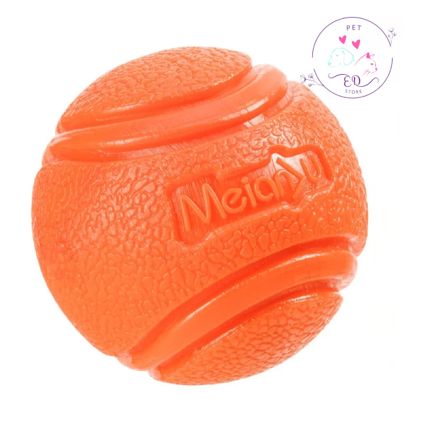 Orange textured eco-friendly dog chew ball toy with MeianYu branding, pet store logo