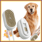 Golden retriever with a pet grooming brush for senior dog care and shedding control