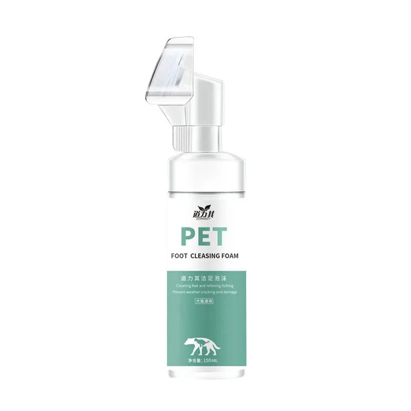 Pet foot cleansing foam no-rinse cleaning spray in a white and teal bottle on white background