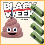 Poop emoji dog waste bag dispenser with green paw print bags, Black Week sale, 35% off.