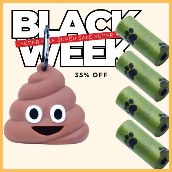 Poop emoji dog waste bag dispenser with green paw print bags, Black Week sale, 35% off.