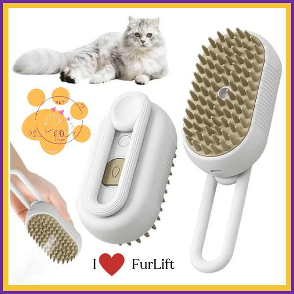 FurLift pet grooming brush with soft bristles, fluffy cat, and paw print logo.