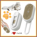 FurLift pet grooming brush with soft bristles, fluffy cat, and paw print logo.