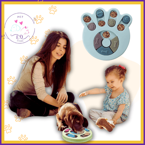 Family with dog using paw-shaped pet puzzle feeder, child and woman smiling, pet store logo