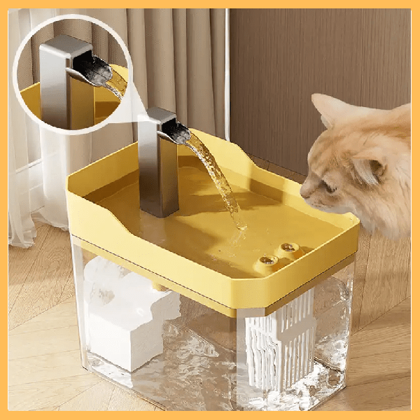 Cat drinking from yellow pet water fountain with flow control feature in home setting