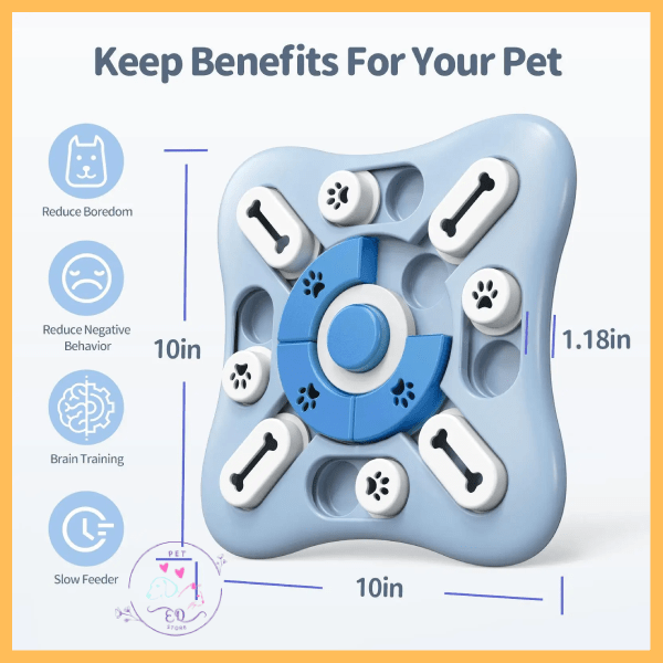Blue pet brain training toy with paw and bone shapes, slow feeder, 10x10 inches
