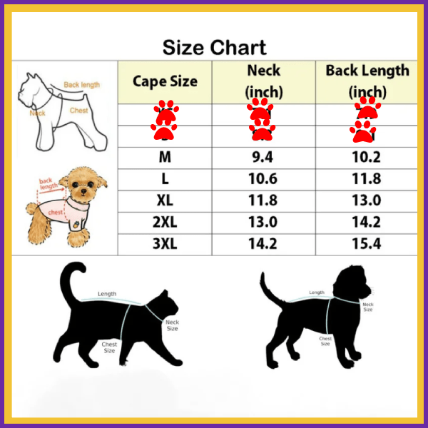 Pet cape size guide chart with neck and back length measurements for dogs and cats, illustrated with diagrams.