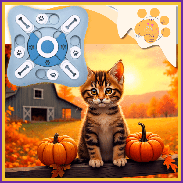 Pet puzzle toy for dogs and cats, kitten with pumpkins, barn in autumn background
