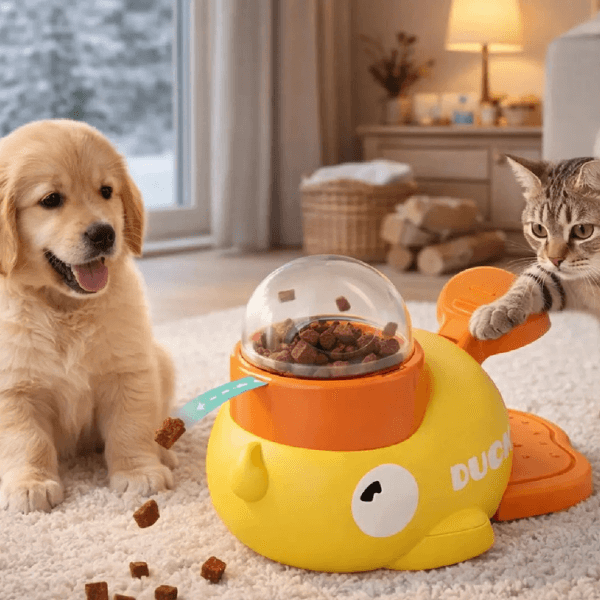 A Golden Retriever puppy and a beautiful cat having fun in the living room with the FunBowl; they are joyfully playing and eating, showing no signs of anxiety. | petstore Ed