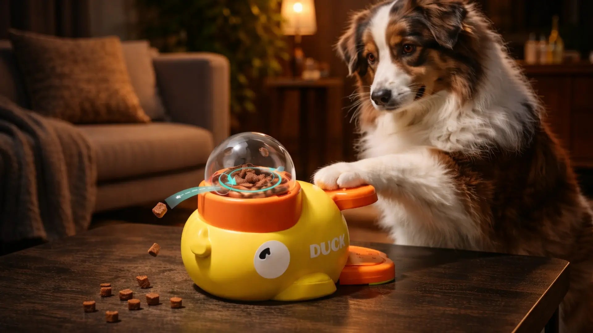 Dog using a FunBowl dog puzzle feeder to slow eating and provide mental stimulation at home. Petstore ED