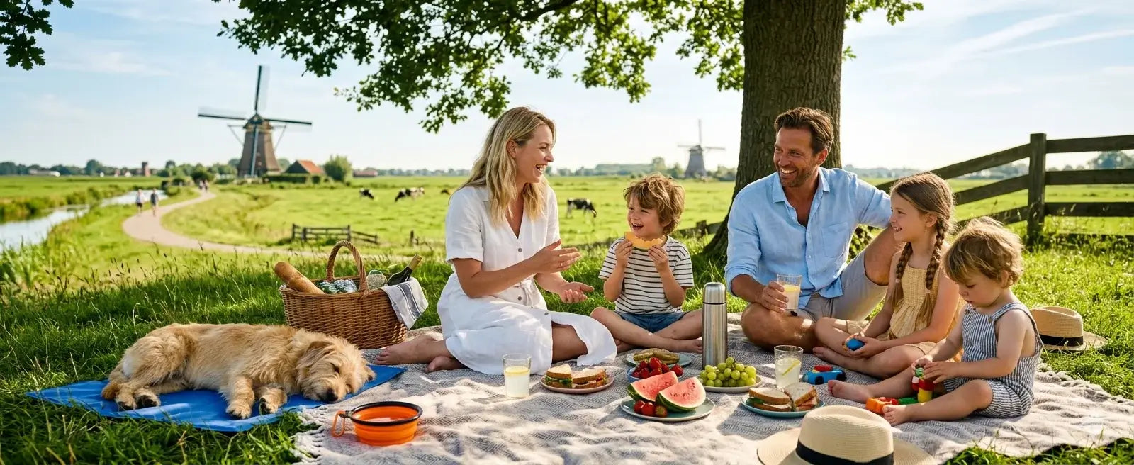 A warm, sunlit panoramic photograph of a family of five and their fluffy golden dog enjoying a summer picnic in a lush, green Dutch countryside. The family is seated on a cozy checkered blanket under the shade of a large tree, with iconic windmills, grazing cows, a canal, and a winding path visible in the distance under a blue sky. The dog is resting contentedly on a blue Petstore Ed cooling mat next to a small orange collapsible water bowl. A rustic picnic basket and various fresh fruits, including waterme
