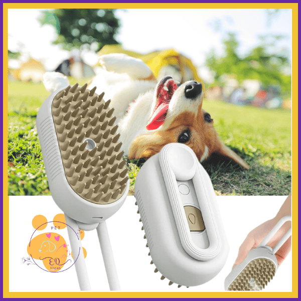 Active dog rolling on grass with pet grooming brush for playful pets