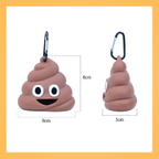 Poop emoji dog poop bag dispenser size comparison with 9x8cm and 5x8cm measurements