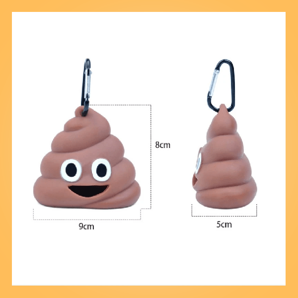 Poop emoji dog poop bag dispenser size comparison with 9x8cm and 5x8cm measurements