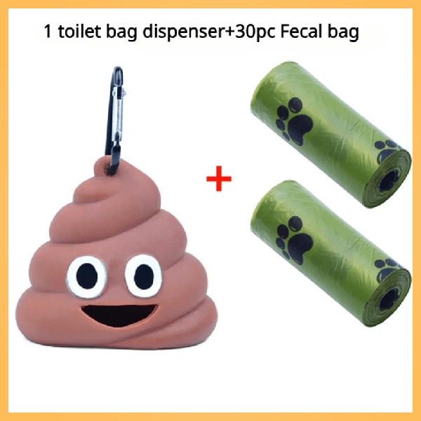 Poop emoji dog poop bag dispenser with clip and two green paw print waste bag rolls