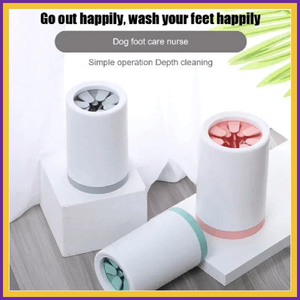 Three PootVrij affordable paw cleaners in gray, pink, and green for dog foot cleaning.