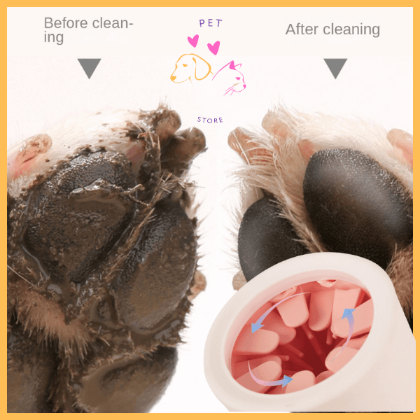 Dog paw before and after cleaning with pet paw cleaning device, visible dirt removal results.