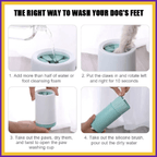 Step-by-step guide on how to use a dog paw cleaner with water and silicone brush.