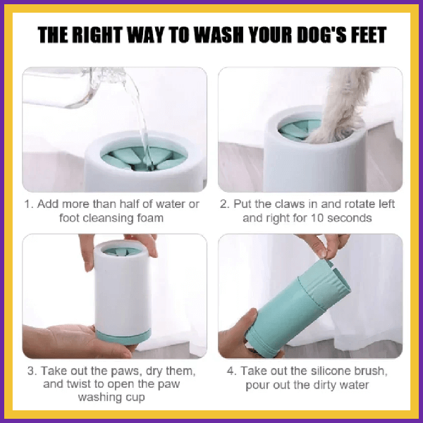 Step-by-step guide on how to use a dog paw cleaner with water and silicone brush.