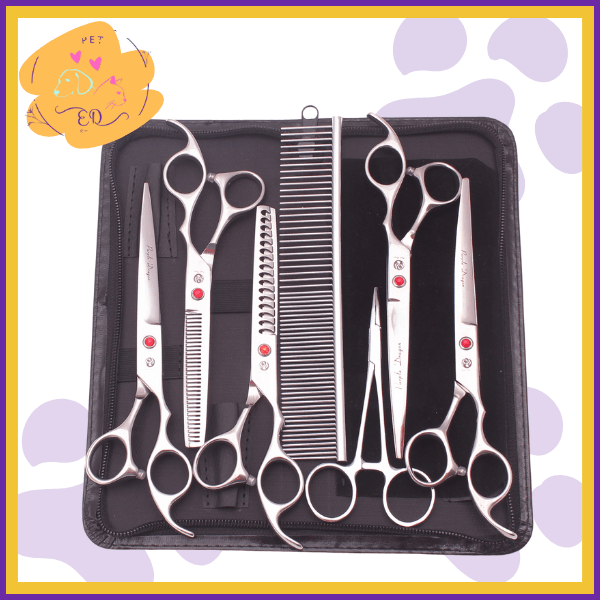 Stainless steel pet grooming shears set with comb in black case, professional tools