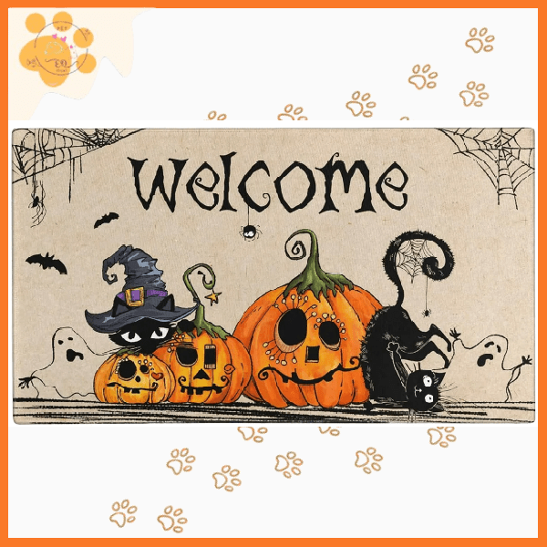 Halloween welcome mat with pumpkins, black cat, witch hat, cobwebs, and bats design