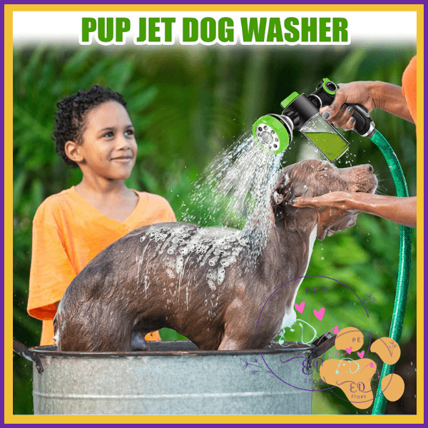 Child washing dog in tub with Pup Jet Dog Washer sprayer outdoors.