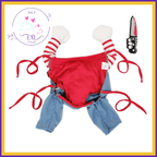 Puppy Chucky costume with striped sleeves, blue pants, and toy knife on white background
