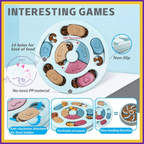 Interactive pet puzzle feeder with 14 food slots, slow feeding, non-slip, blue and pink design.
