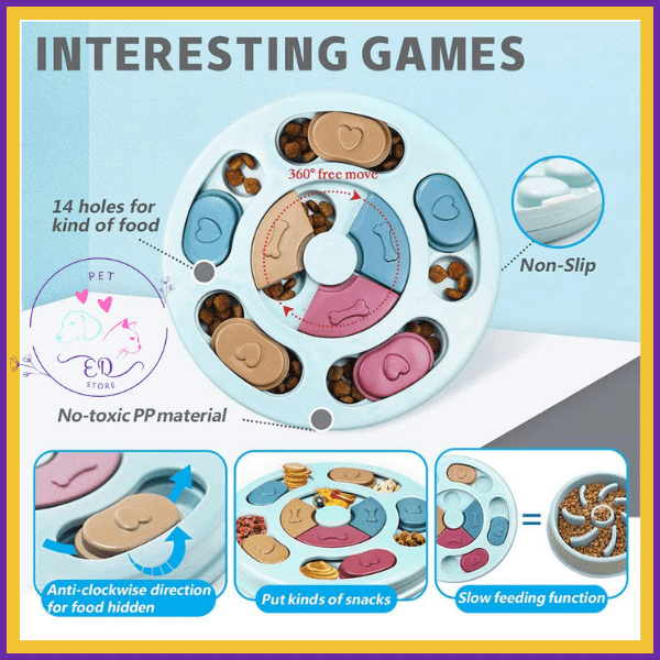 Interactive pet puzzle feeder with 14 food slots, slow feeding, non-slip, blue and pink design.