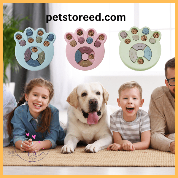 Family with dog beside interactive paw-shaped pet feeders, petstoreed.com branding visible.